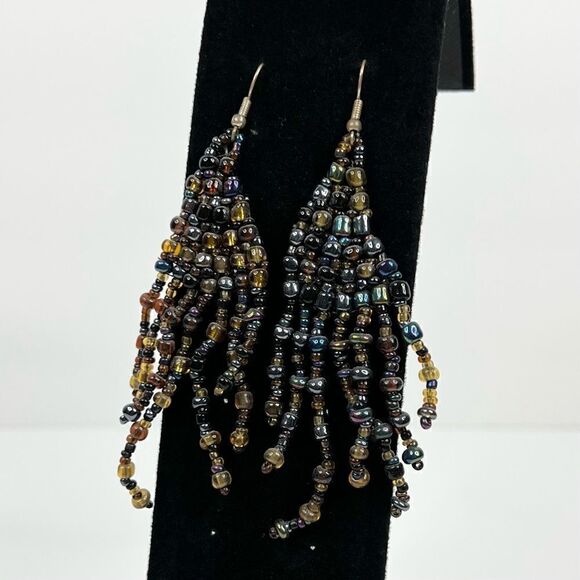 navy Blue and Brown Beaded Long Fringe Dangle Earrings - Picture 1 of 2